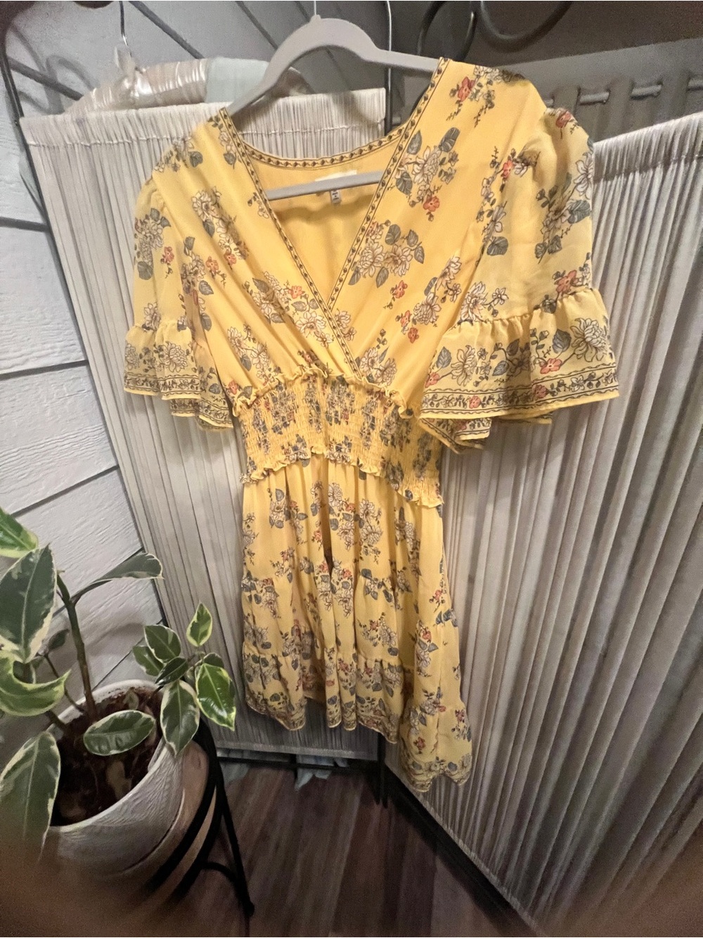 Max Studio Yellow Floral Wrap-Style Smocked Waist Dress
